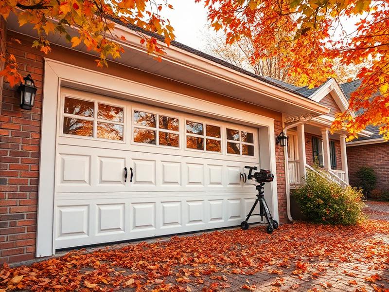 Garage door with autumn leaves in foreground showing seasonal maintenance preparation
