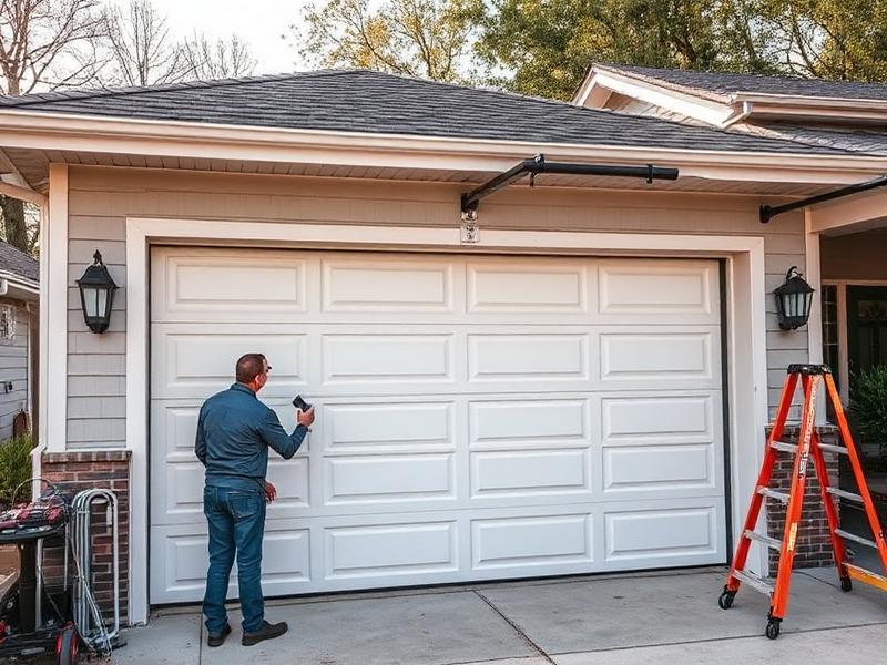 Professional technician completing a new garage door installation on a residential home