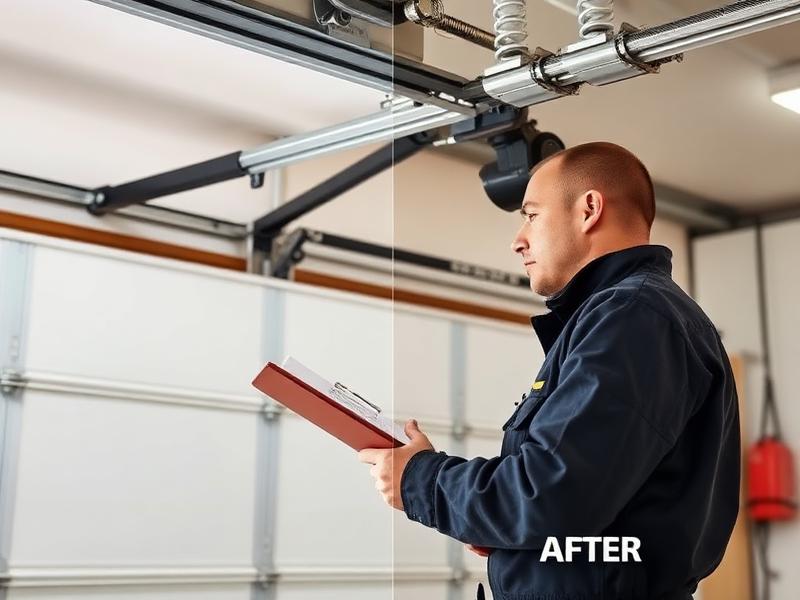 Technician performing preventive maintenance inspection on residential garage door springs and hardware