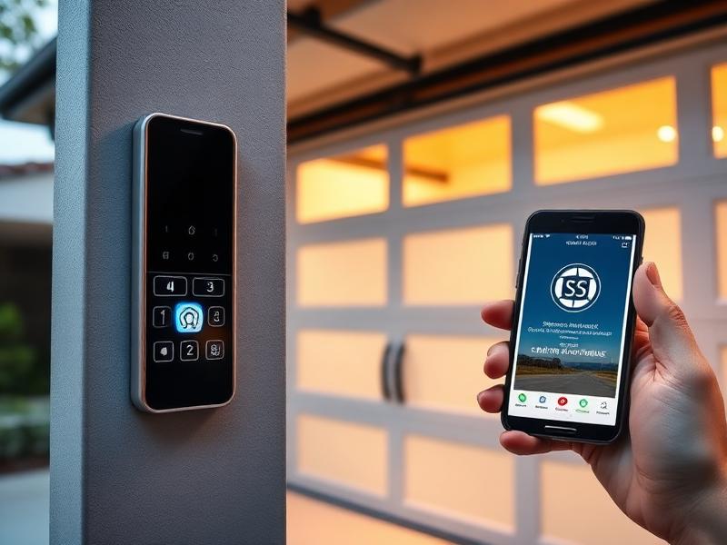 Modern smart lock keypad installed on garage door entry with smartphone showing control app