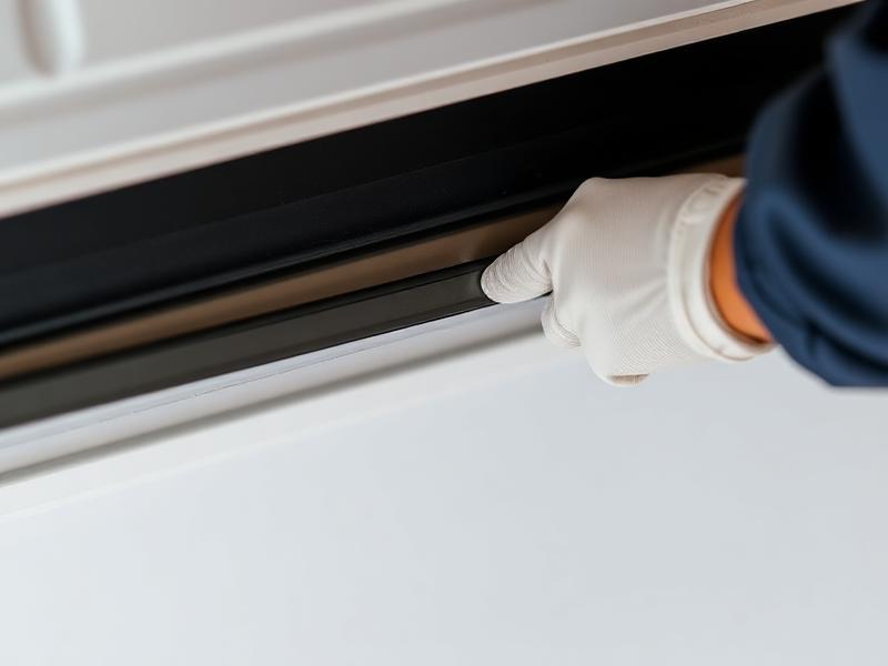 Close-up of professional garage door weatherstripping installation showing proper seal technique