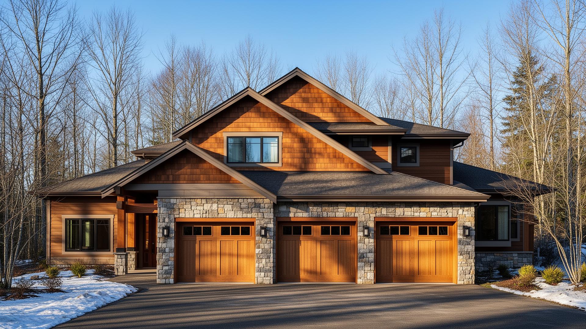 Beautiful Tuscan inspired garage doors with stone surround on Pacific Northwest modern home